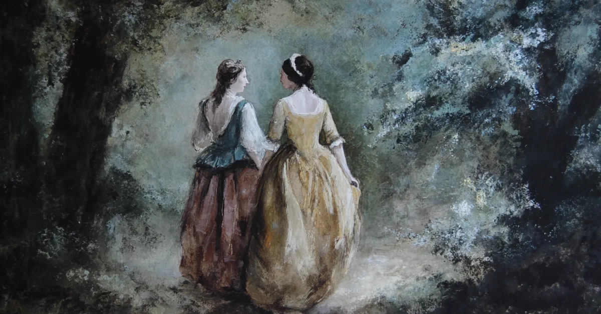 rosalind and celia walking together discussing matters of the heart for act 3 scene 4