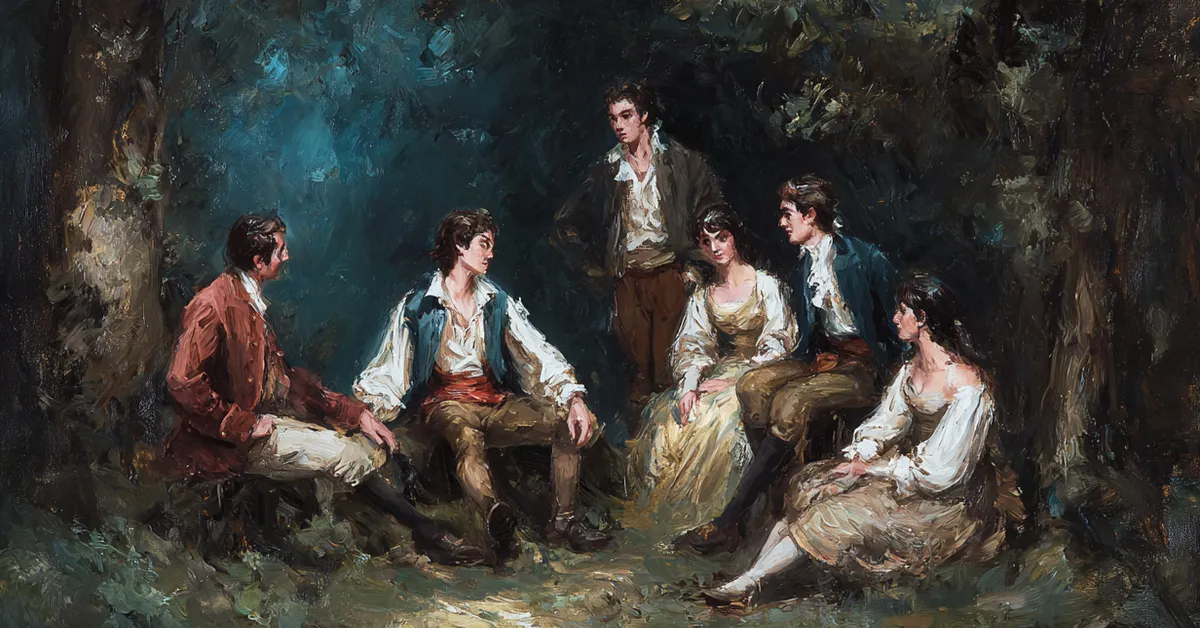 a gathering in the forest with reunited characters sharing a quiet moment in act 4