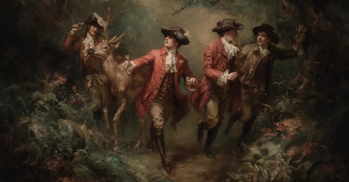 hunters carrying a deer through the woods while singing in act 4 scene 2