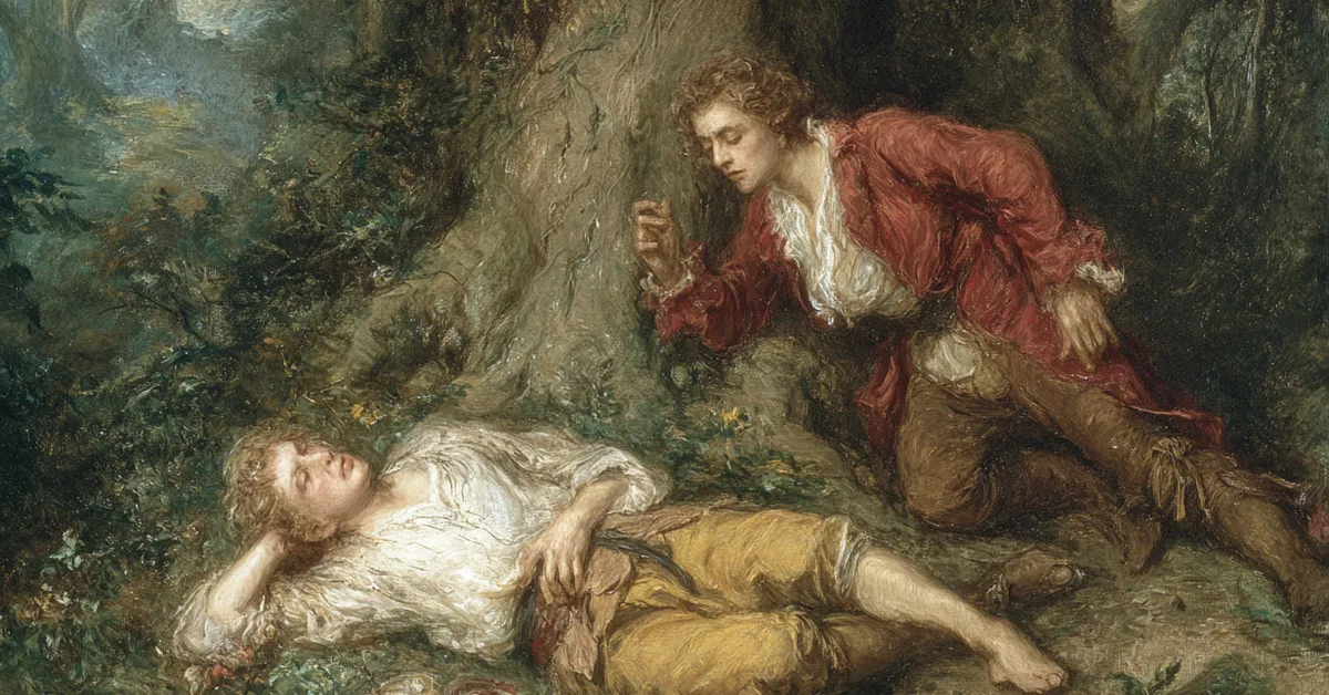 oliver lying injured in the forest as orlando approaches to help in act 4 scene 3