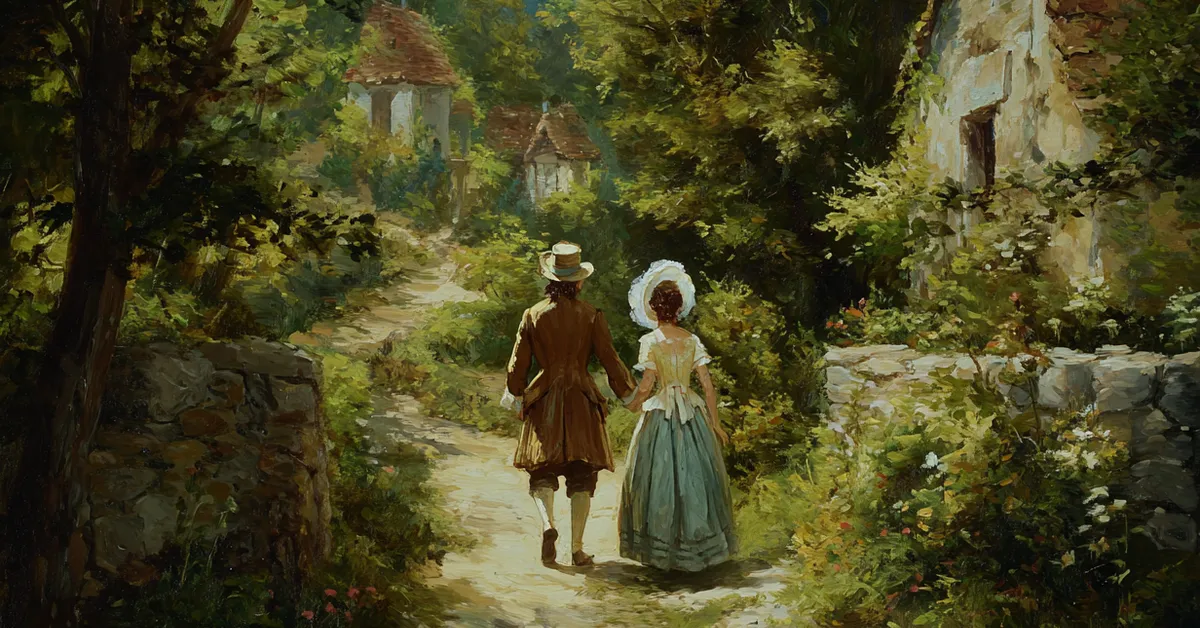 touchstone and audrey walking along a small village path for act 5 scene 1
