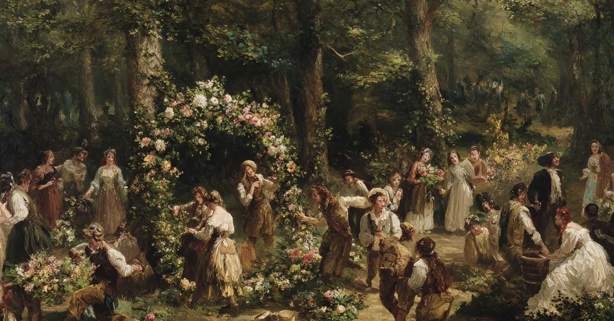 wedding decorations being arranged by villagers in a forest clearing for act 5 scene 3