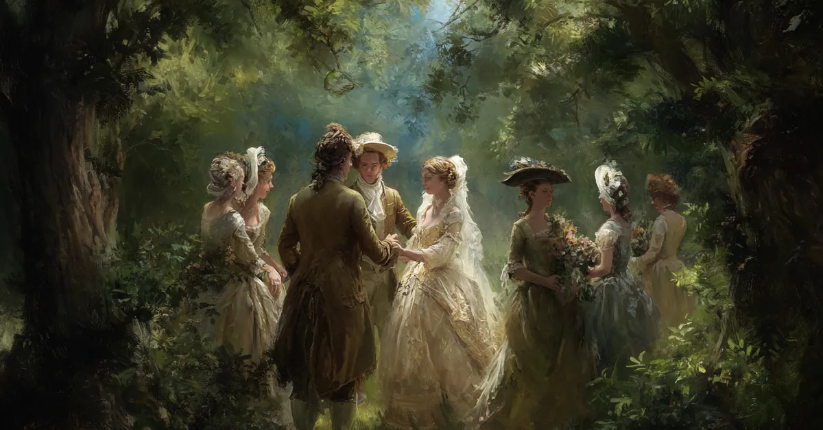 multiple couples preparing for their weddings in a bright forest clearing for act 5 scene 4