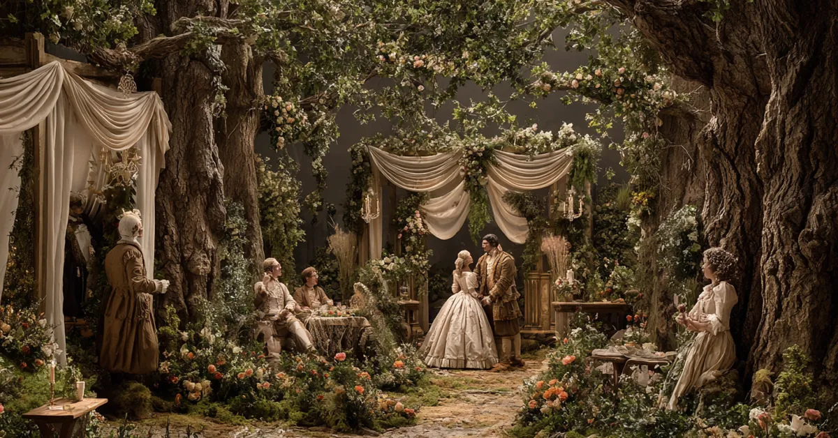 a joyful forest clearing decorated for weddings capturing the finale of act 5