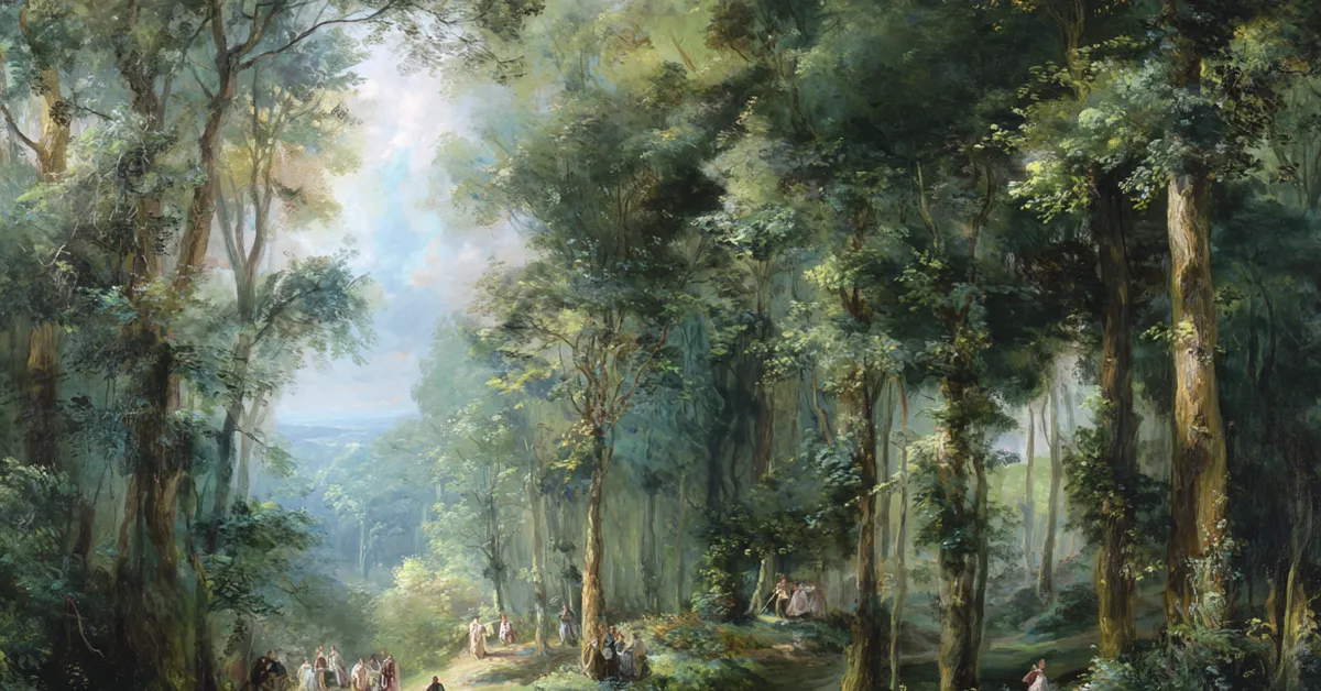 a woodland scene with paths and tall trees suggesting the full journey of as you like it