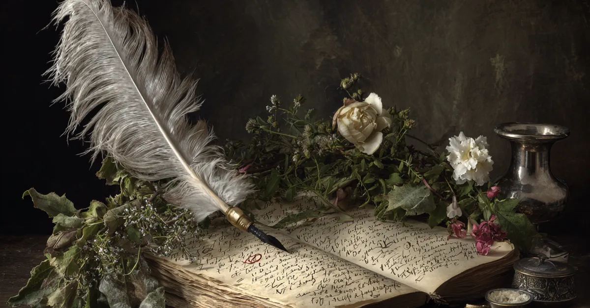 a quill resting on an open playbook with small symbols highlighting literary devices in as you like it