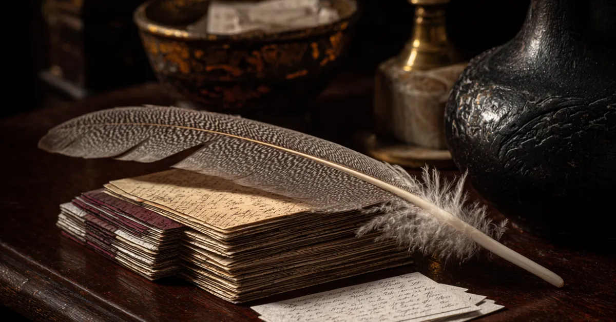 small vocabulary cards arranged neatly beside a feather quill for studying as you like it terms