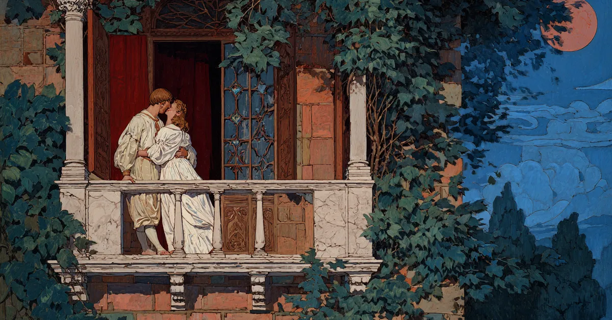 A balcony overlooking a garden at night where two figures whisper softly anchoring Romeo and Juliet Act 2 Scene 2