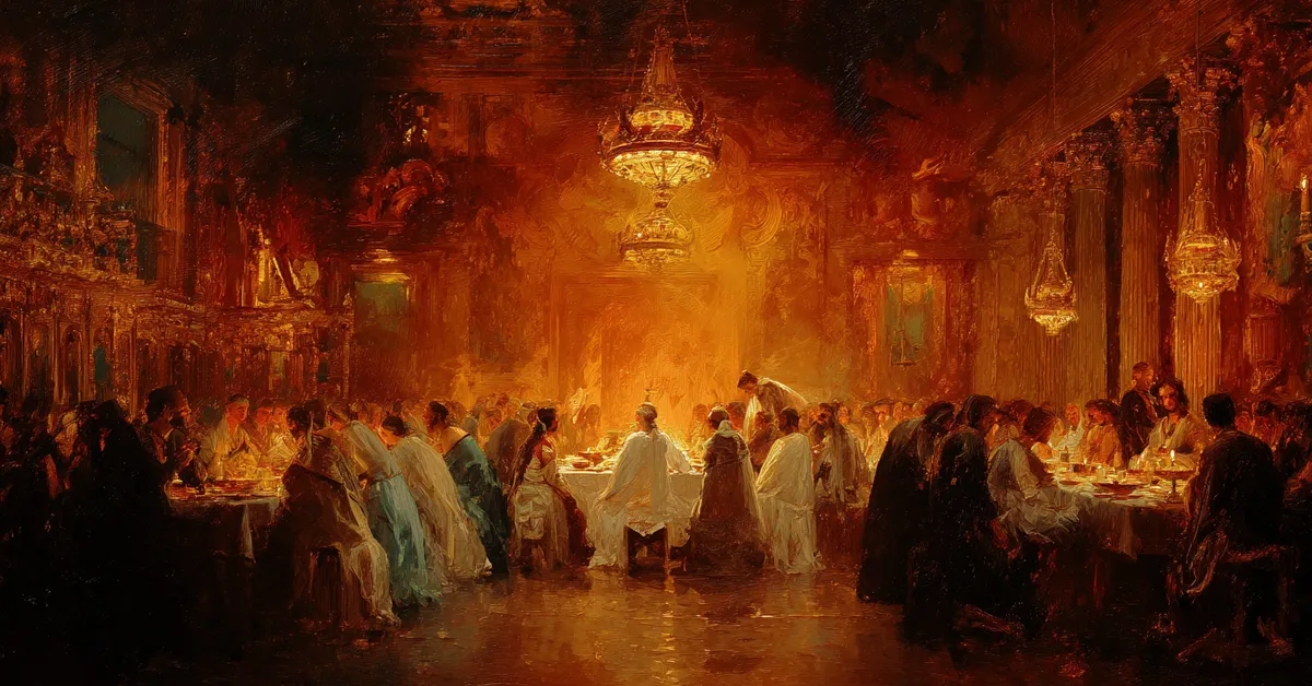 A brightly lit banquet hall where courtiers listen to a riddle master at the center table showing the tests of Pericles Prince Of Tyre Act 3