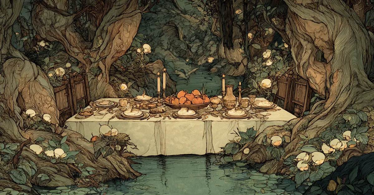 A banquet table set in an enchanted clearing with spirits hovering nearby referencing The Tempest Act 3 Scene 3