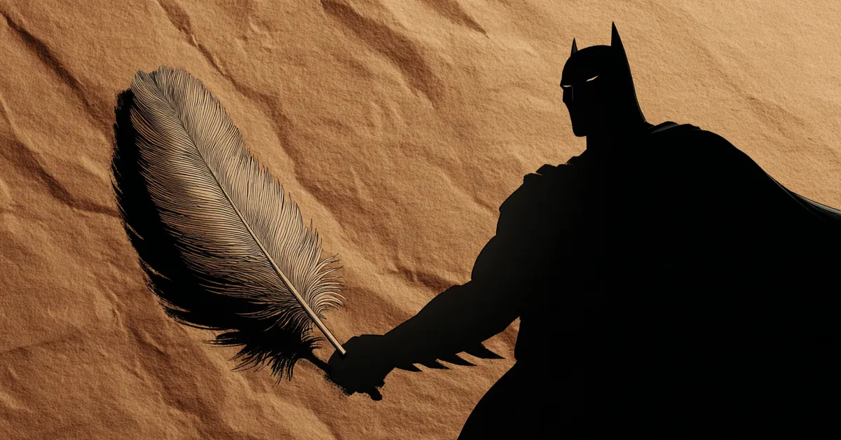 an image showing batman�s silhouette beside a quill and parchment suggesting a playful contrast between comic hero and classic writer