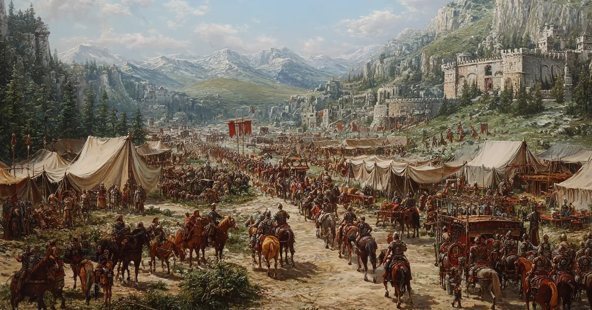 A battle camp where horses are readied and soldiers line up marking Troilus and Cressida Act 5 Scene 3