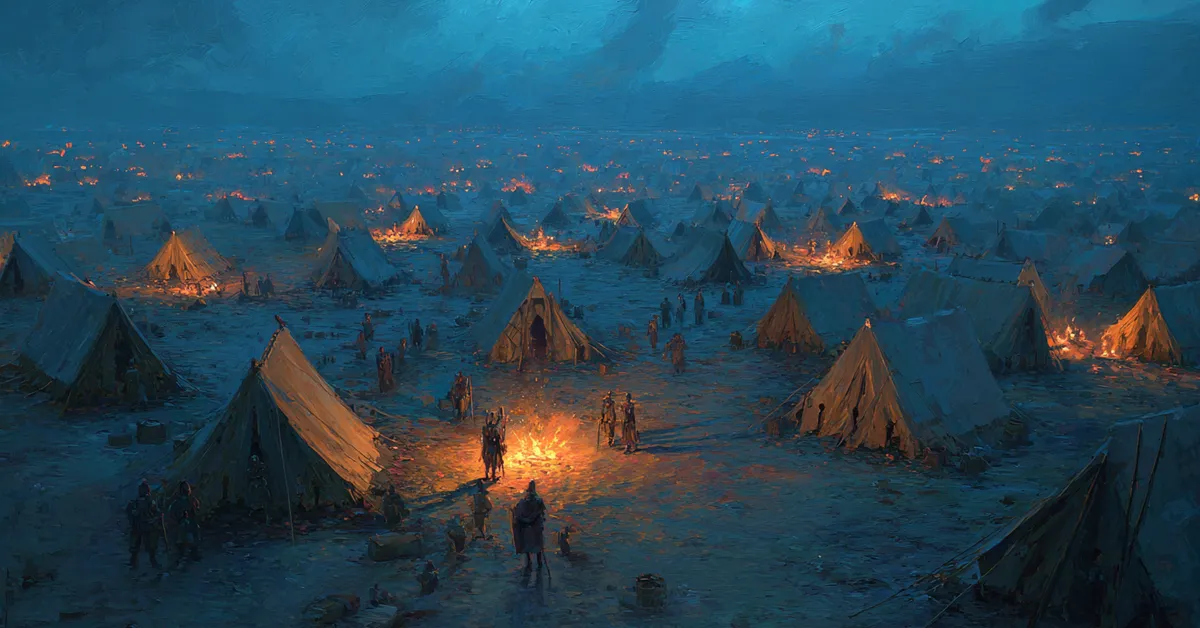 A battlefield camp at night with rows of tents and scattered fires where soldiers move quietly echoing Richard III Act 4 Scene 4