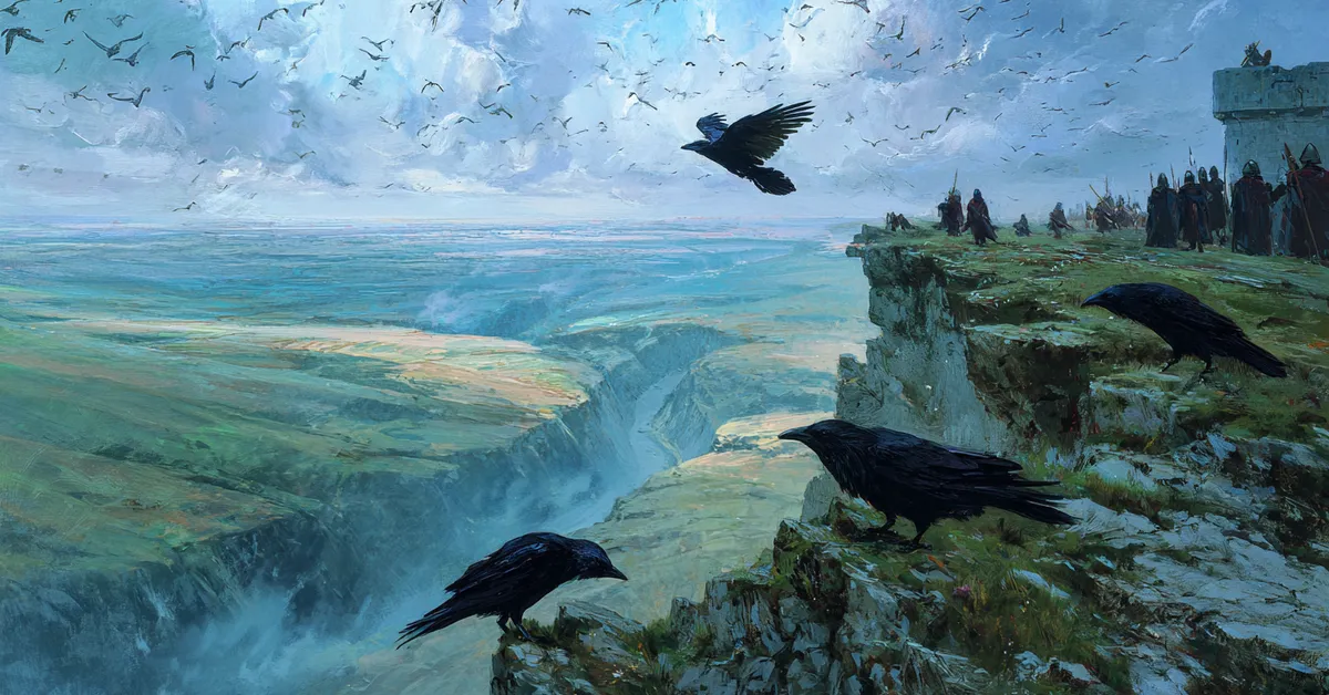 A clifftop view of a distant battlefield with ravens circling tying to the military focus in Hamlet Act 4 Scene 4