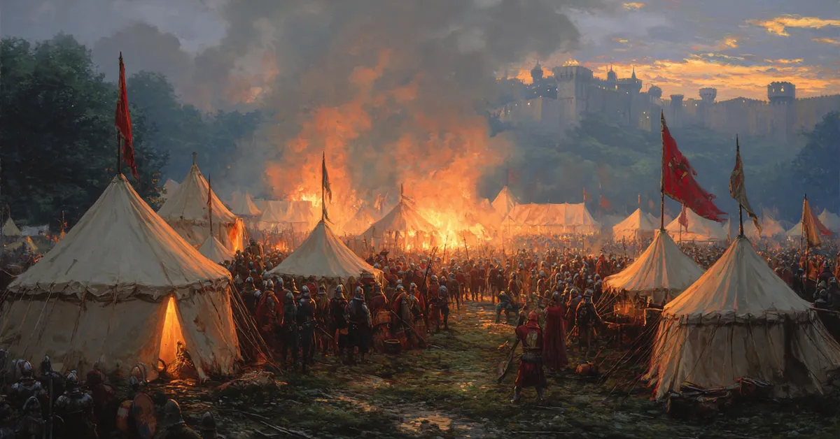 A dawn battlefield filled with tents and armed soldiers preparing for combat showing the climax of Henry IV Part 1 Act 5