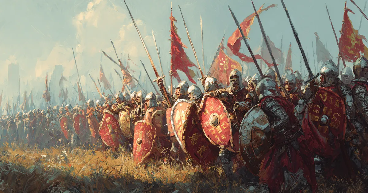 A battlefield filled with charging armies holding raised shields connecting to the action in Henry IV Part 1 Act 5 Scene 2