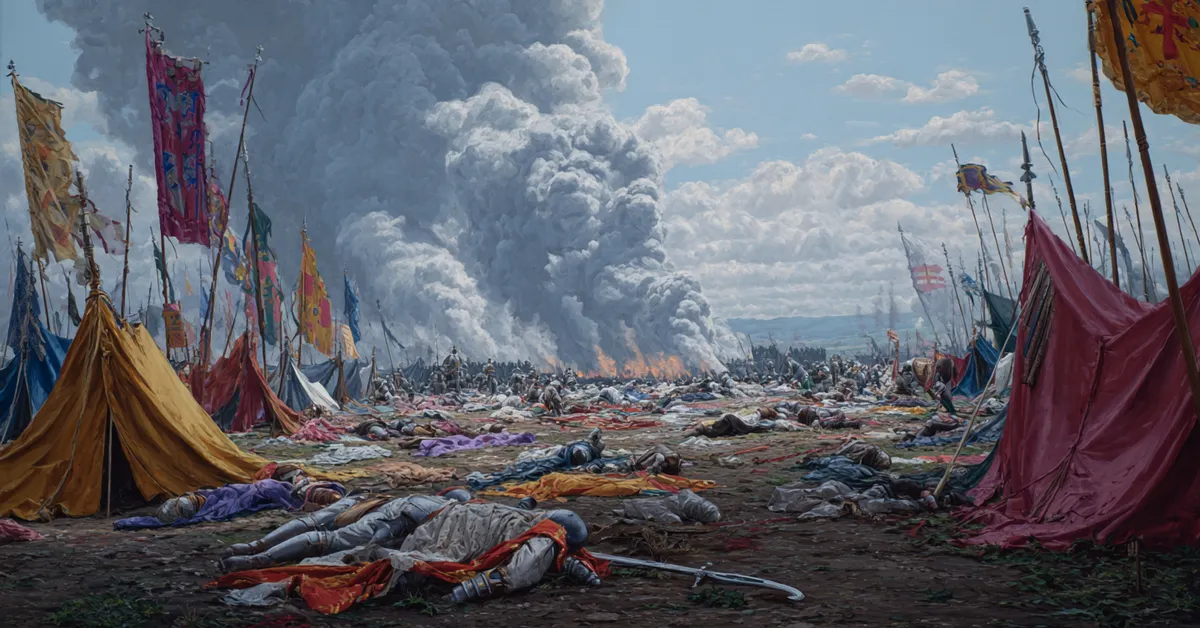 A battlefield with fallen banners scattered across muddy ground and distant smoke rising referencing the conflict in Henry VI Part 1 Act 2