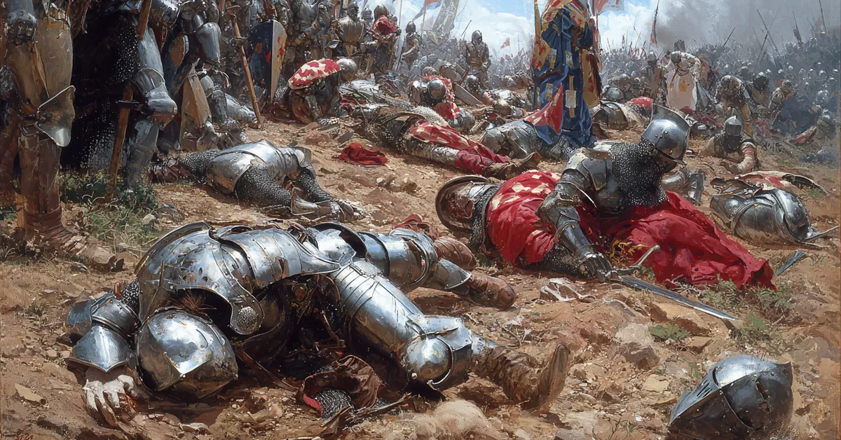A battlefield with fallen knights and scattered armour pieces reflecting the casualties in Henry V Act 4 Scene 6