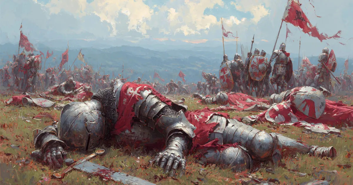 A wide battlefield where a fallen standard lies trampled among broken shields suggesting the violent conclusion of Richard III Act 5