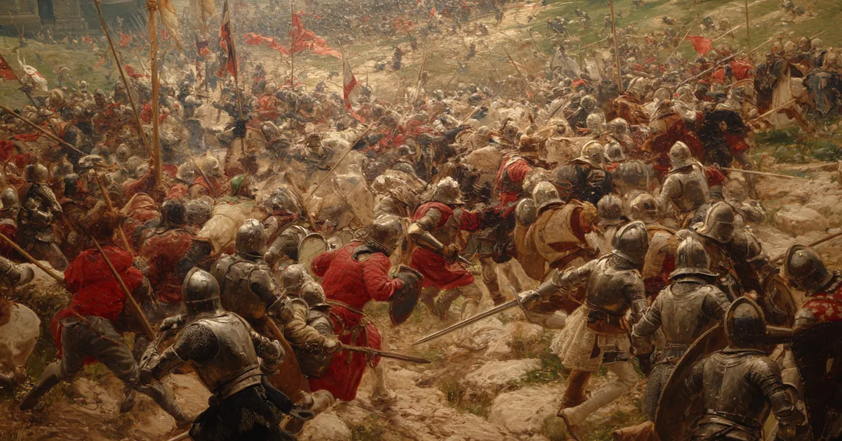 A wide battlefield where the kings standard rises above scattered shields and spears showing the final conflict in King John Act 5