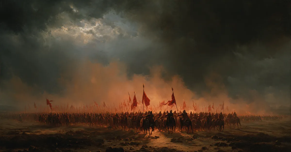 A battlefield where an army marches with raised standards reflecting Macbeth Act 5 Scene 2