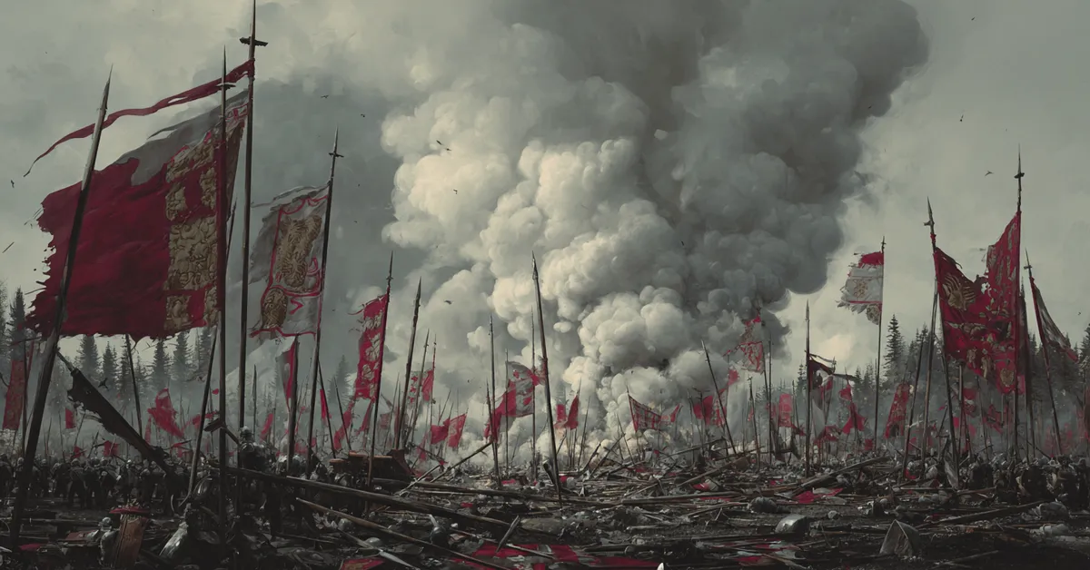 A battlefield strewn with torn banners and scattered shields with smoke rising in the distance anchoring the violence of Henry VI Part 3 Act 2
