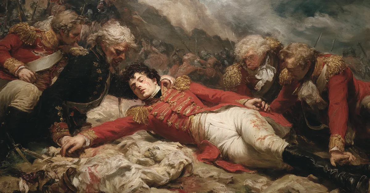 A battlefield with a wounded captain being supported by soldiers reflecting the report of Macbeth�s bravery in Macbeth Act 1 Scene 2