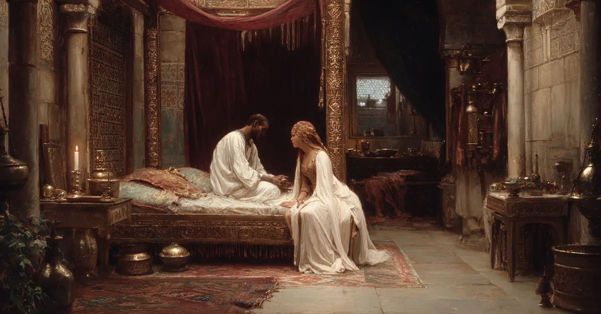 A quiet bedchamber lit by a single candle where two women speak in hushed tones representing Othello Act 4 Scene 3