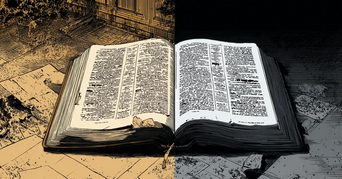 a split visual of an open bible on one side and an old stage script on the other highlighting two distinct sources of iconic lines