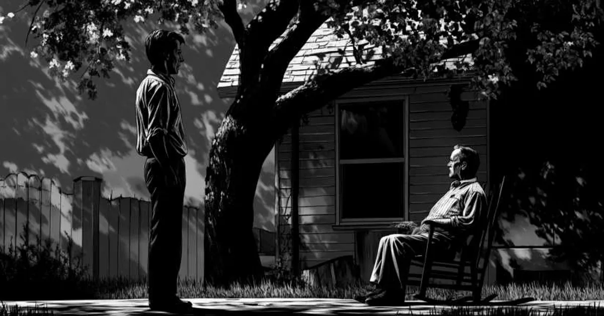 A man sits in a chair as another stands facing him under a tree, shown in black and white for All My Sons Full Book Quiz.