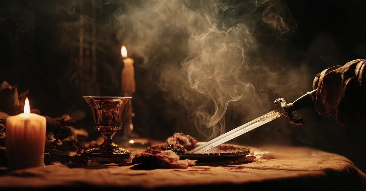 A bloody dagger on a candlelit table with smoke rising gently hinting at the violent turn in Macbeth Act 2