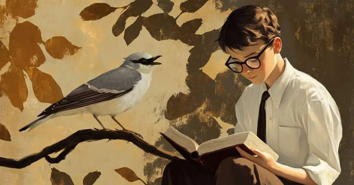 A boy reads a book while a bird perches on a branch beside him in warm sunlight