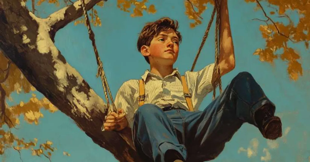 A boy sits on a tree swing surrounded by autumn leaves under a bright blue sky
