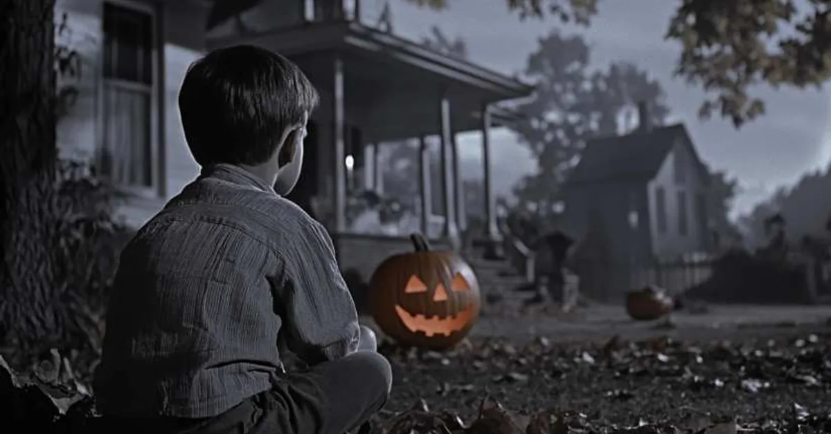 A young boy watching a glowing jack-o-lantern near a porch on a dark autumn night