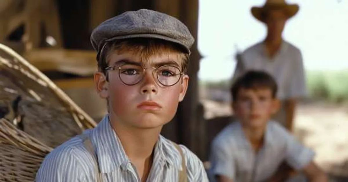 A boy wearing glasses and a flat cap looks forward with a serious expression outdoors
