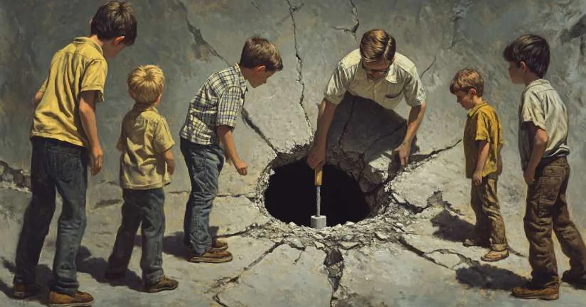A group of boys watching a man dig into a deep hole in cracked ground creating a tense moment