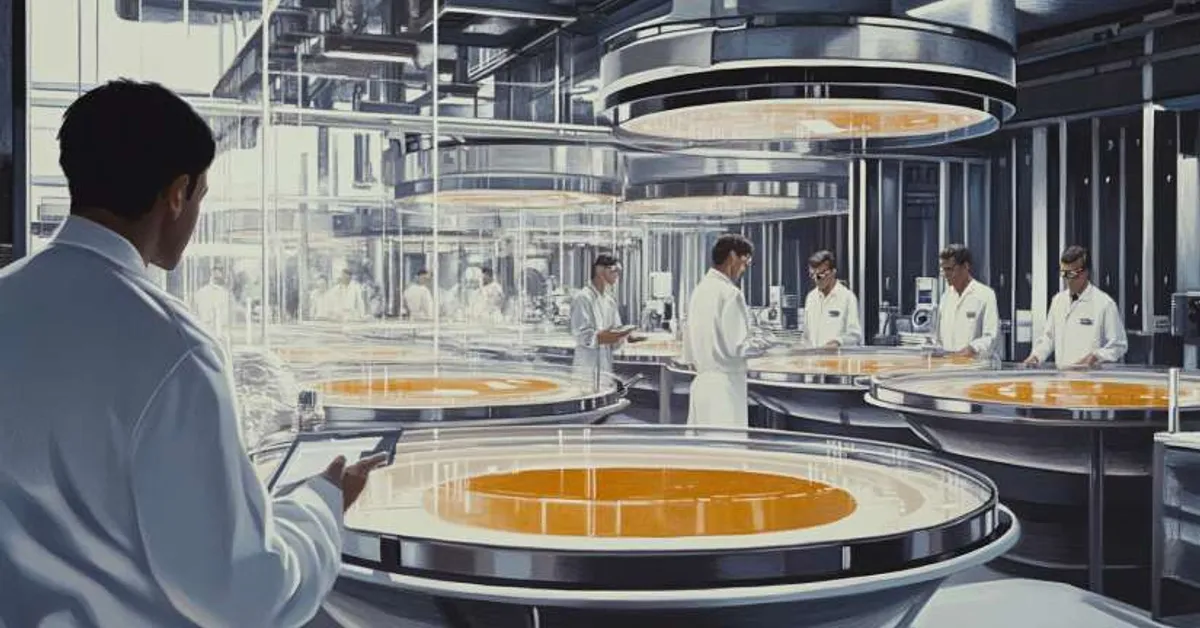 scientists working in futuristic lab with incubation tanks symbolizing birth control and technology in brave new world chapter 1
