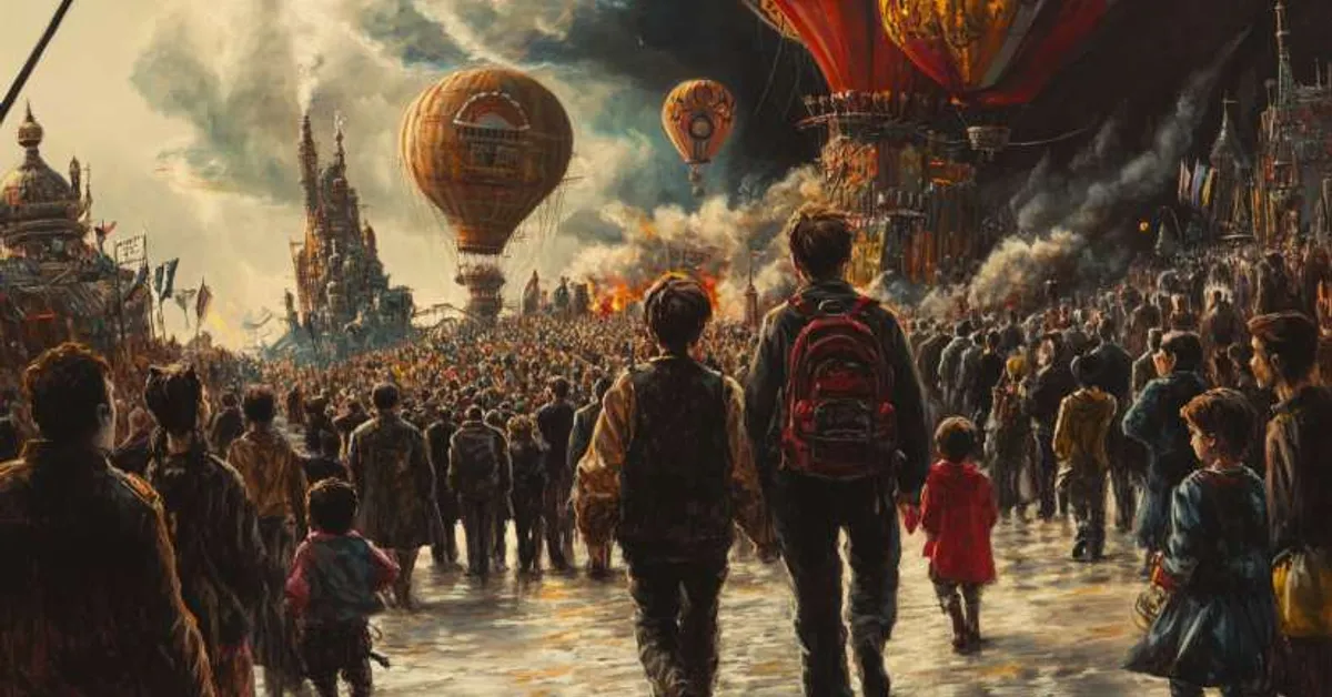 crowd gathered with airships and balloons filling the sky symbolizing mass spectacle in brave new world chapter 10
