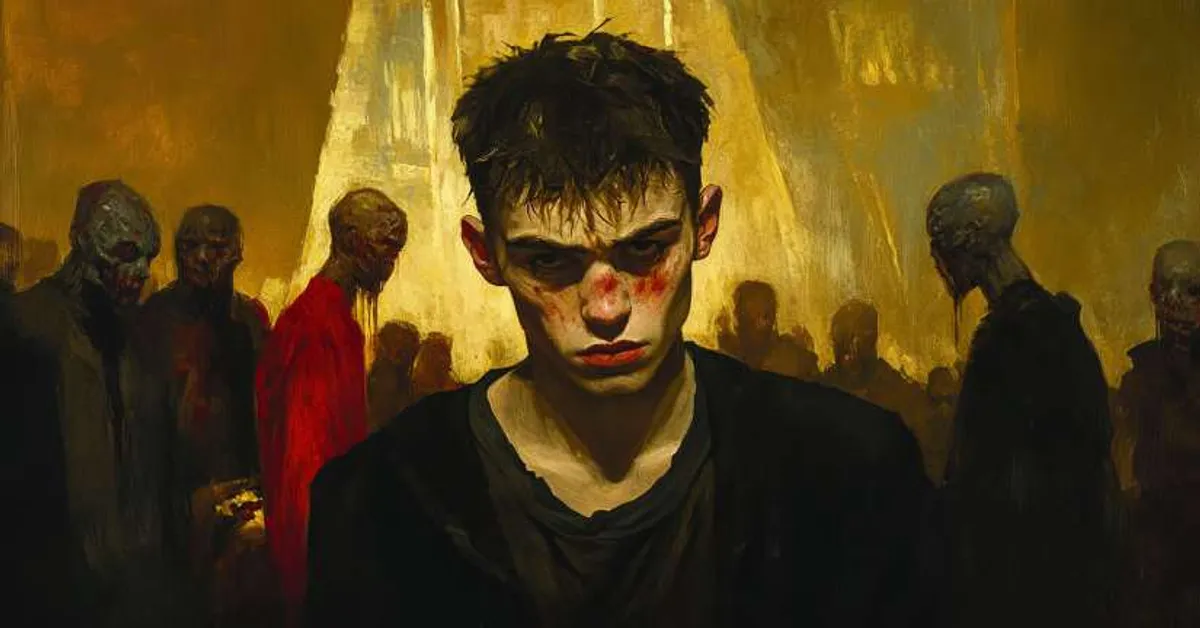 a young man with bruised face standing among grim figures in a dimly lit hall symbolizing rebellion and anger in brave new world chapter 11