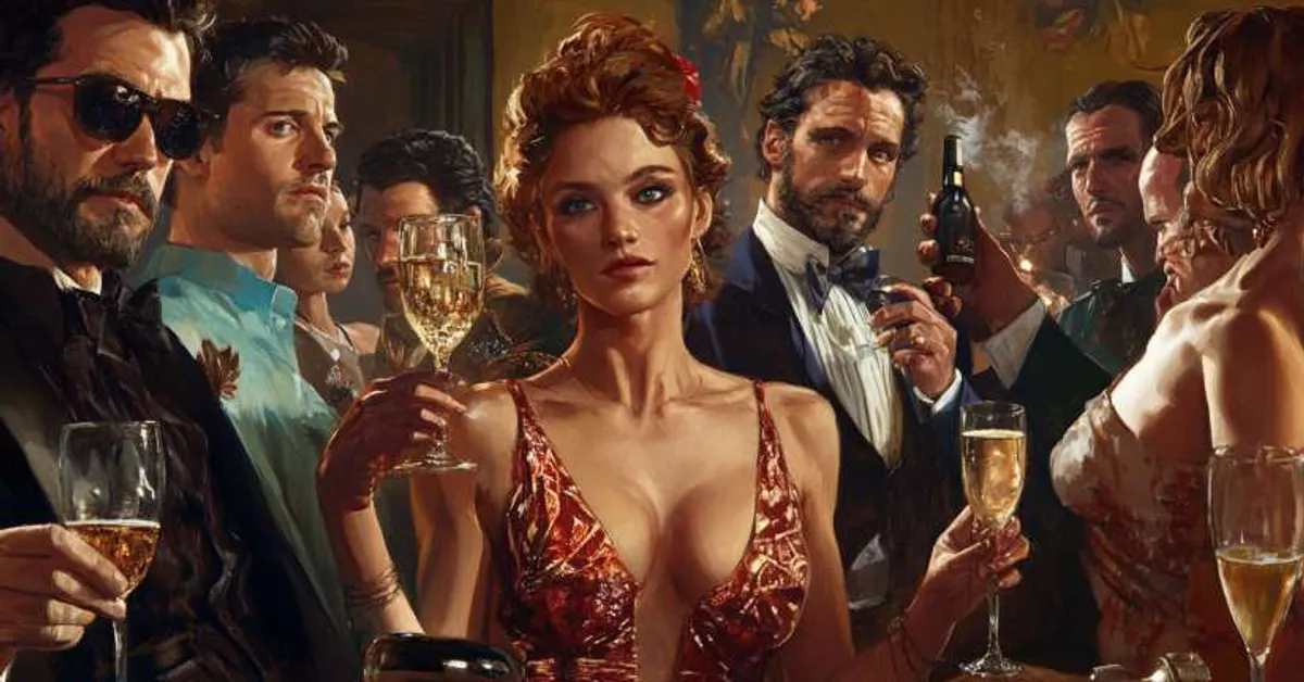 elegantly dressed people at a lavish party holding champagne glasses reflecting the shallow glamour and excess of brave new world chapter 12