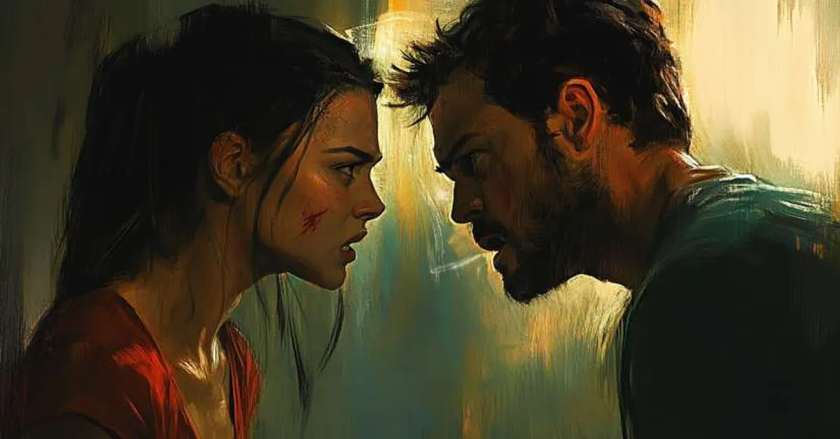 two people facing each other in a tense emotional standoff capturing conflict and suppressed passion in brave new world chapter 13