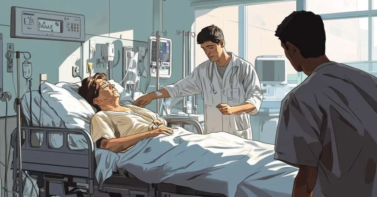 a patient lying in a hospital bed surrounded by doctors in bright light illustrating mortality and detachment in brave new world chapter 14