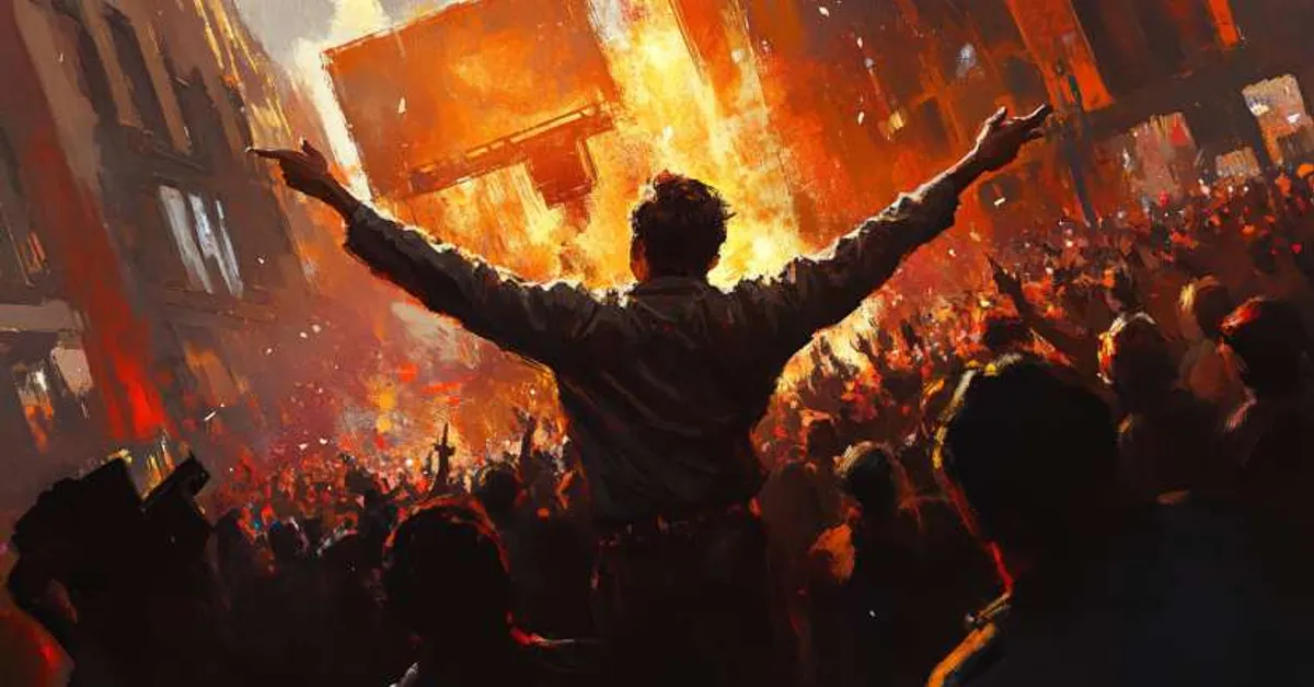 a man raising his arms before a fiery crowd during chaos representing the violent uprising in brave new world chapter 15