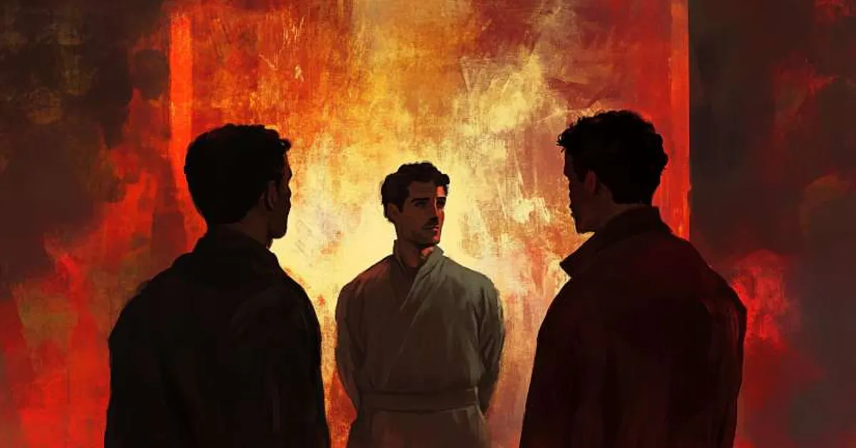 three men standing in heated discussion against glowing light symbolizing authority and ideological clash in brave new world chapter 16