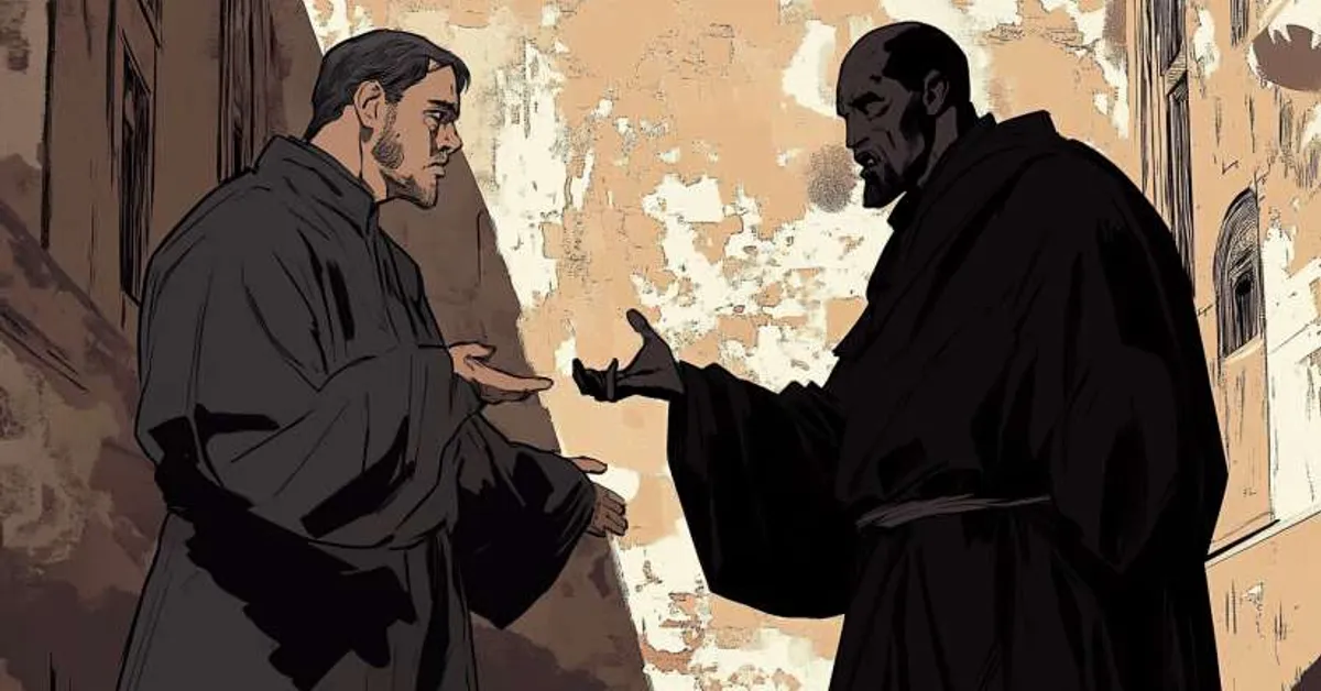 two men dressed in robes debating in a quiet corridor representing philosophical confrontation in brave new world chapter 17