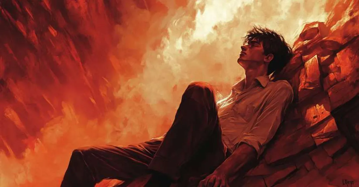 a man sitting alone against a fiery background conveying exhaustion and spiritual release in brave new world chapter 18