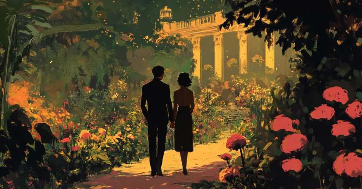 couple walking through lush garden near grand columns showing romance amid control in brave new world chapter 3