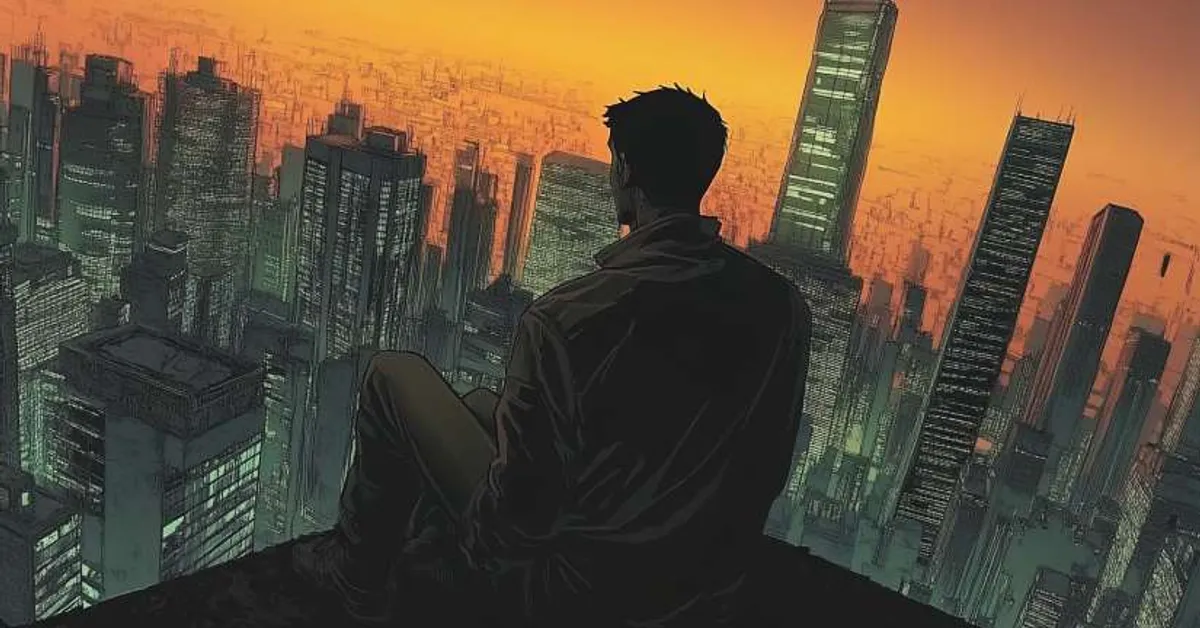 man sitting on rooftop gazing at sunset over tall futuristic city capturing reflection and isolation in brave new world chapter 4