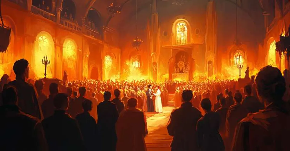 large crowd gathered in glowing hall during ritual ceremony symbolizing unity and conformity in brave new world chapter 5