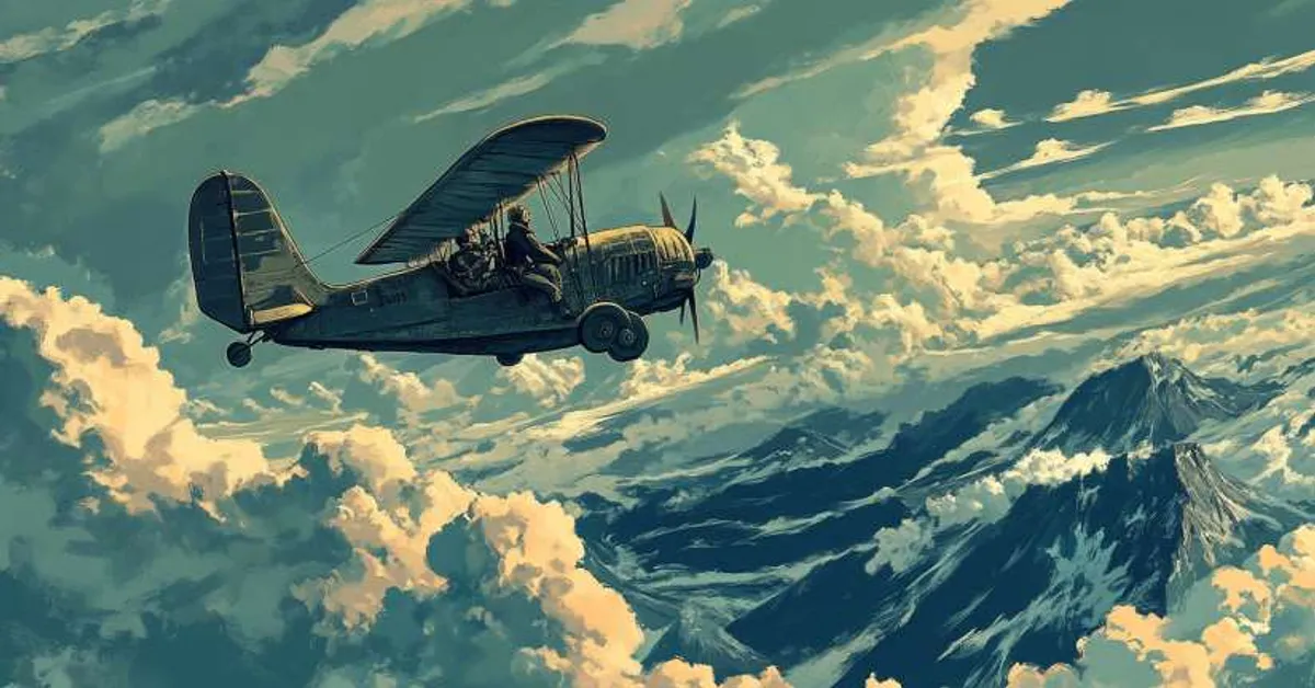 airplane flying above mountains under bright clouds representing freedom and exploration in brave new world chapter 6